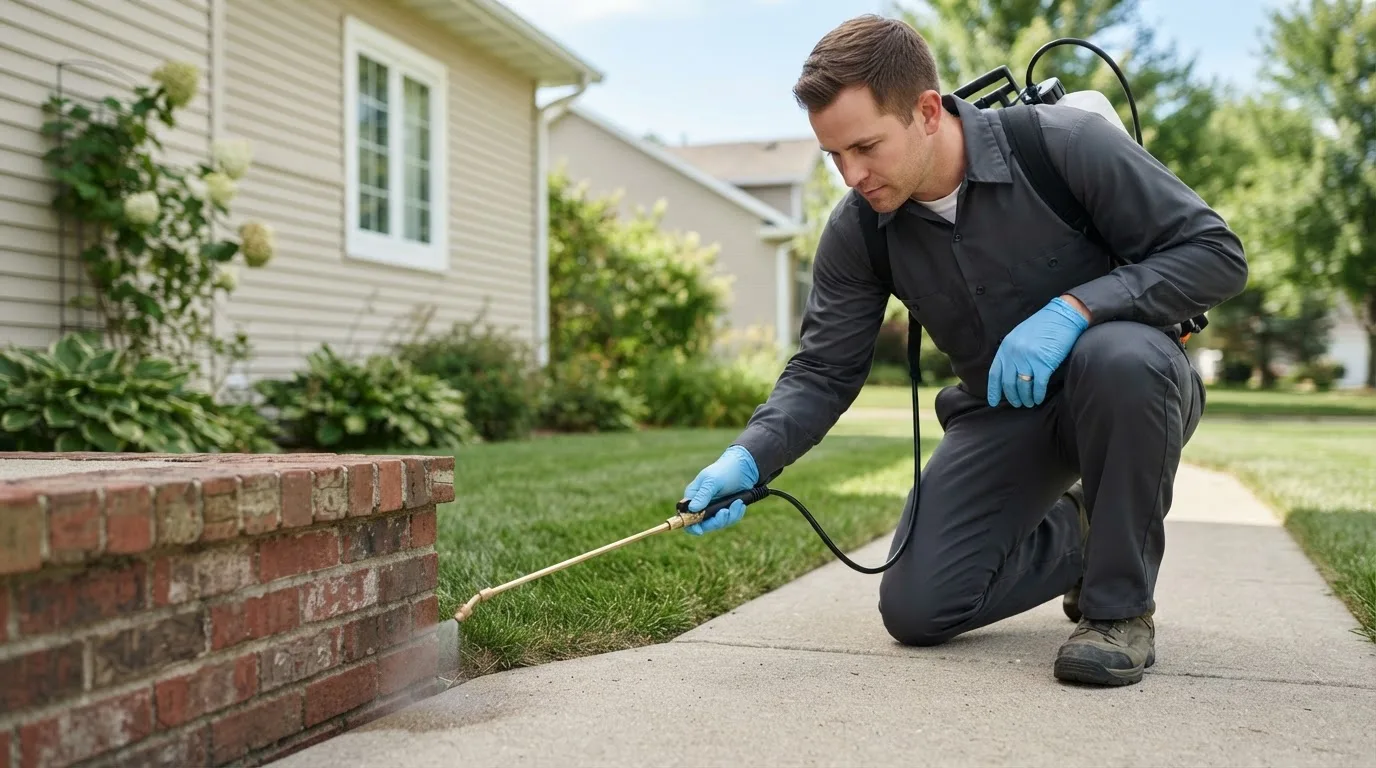 Pest control technician treating a home near Mokane, MO