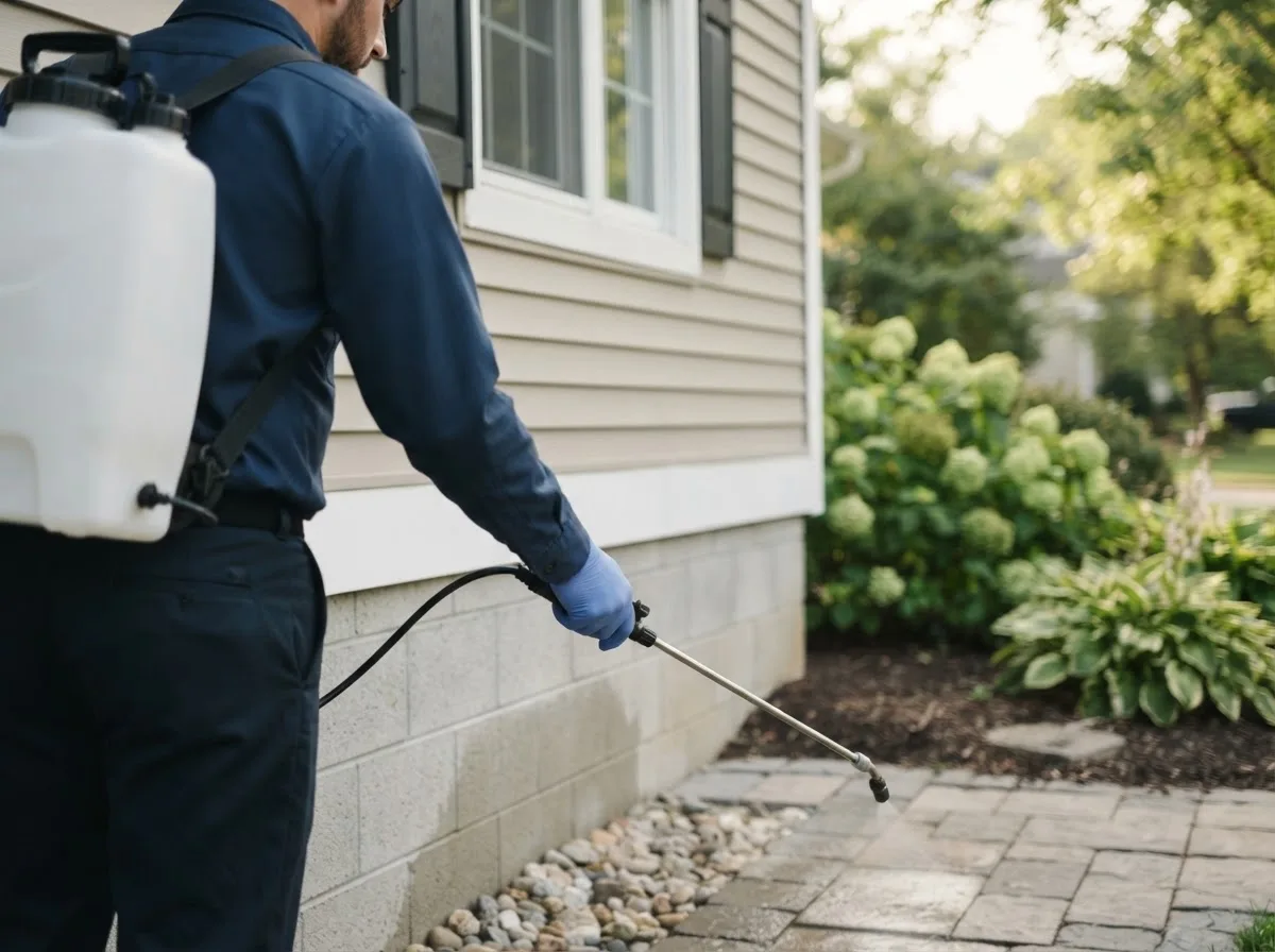 Pest control technician inspecting a home in Mokane, MO